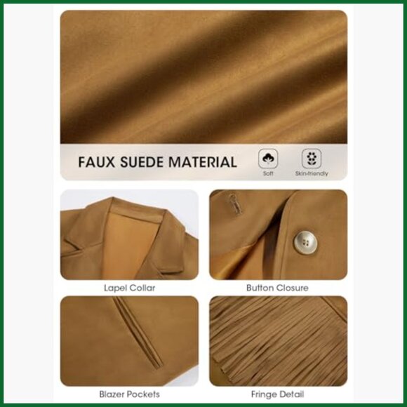 Faux Suede Fringe Blazer Jacket with Lapel Collar Button Front - Picture 6 of 7